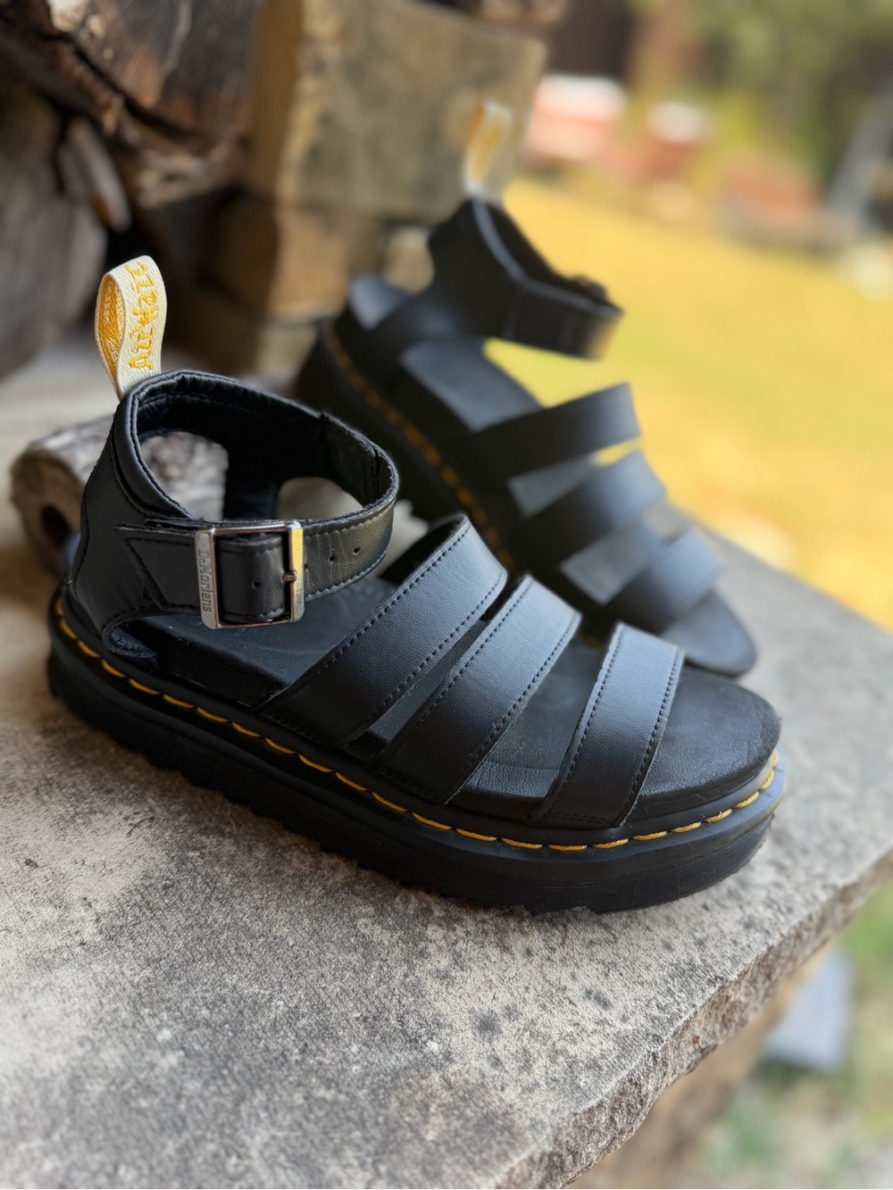 Dr. Martens Black Platform Strappy Sandals with Yellow Stitching Sz-7. V